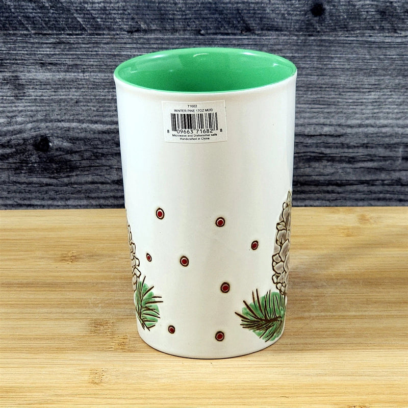 Load image into Gallery viewer, Coffee Mug Christmas Pine Cone Holiday Green Embossed Cup Ceramic Blue Sky 17oz
