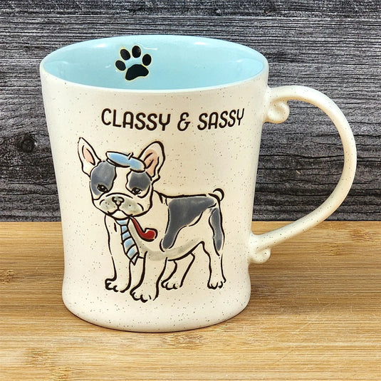 French Bulldog Coffee Cup Classy Sassy Dog Mug Blue Sky Ceramic Embossed 17 oz