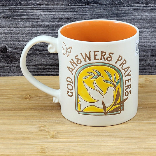 Religious Coffee Mug God Answers Prayers Tea Cup Ceramic Blue Sky 21oz Orange