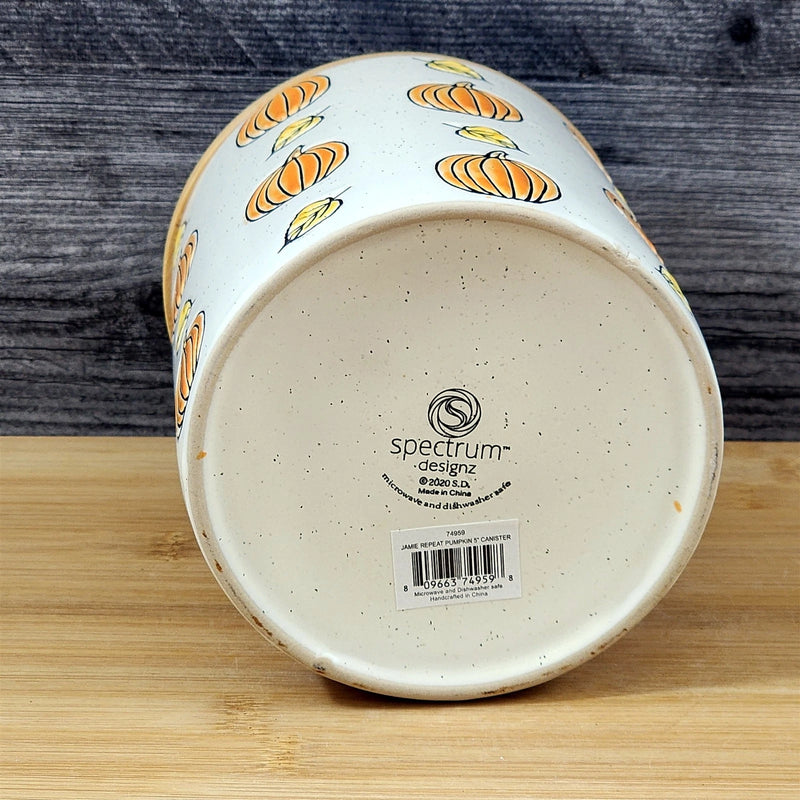 Load image into Gallery viewer, Fall Pumpkin Canister &amp; Bamboo Lid Embossed 5" Ceramic Yellow Jar Blue Sky

