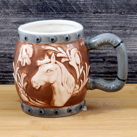 Western Horse Coffee Mug 3D Ceramic Horseshoe Tea Cup Blue Sky Embossed