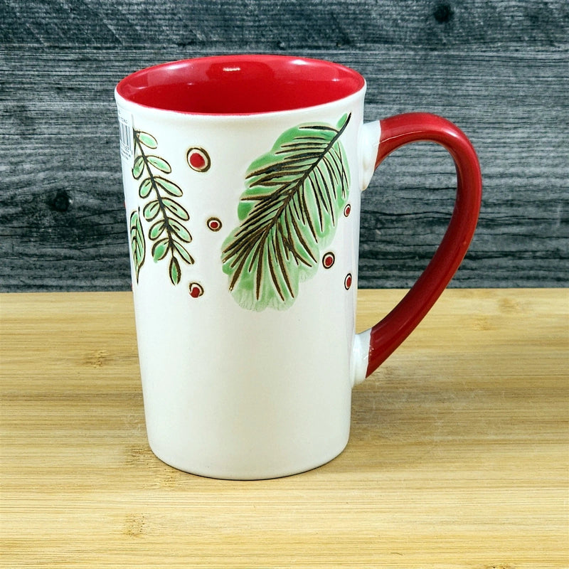 Load image into Gallery viewer, Coffee Mug Christmas Pine Berry Holiday Red Embossed Cup Ceramic Blue Sky 17oz
