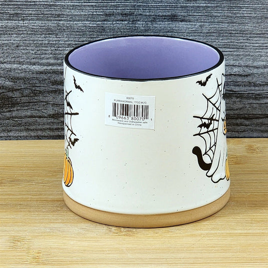 Halloween Ghost Cat Coffee Mug Pumpkin Ceramic Purple Flowers Cup Blue Sky 17oz