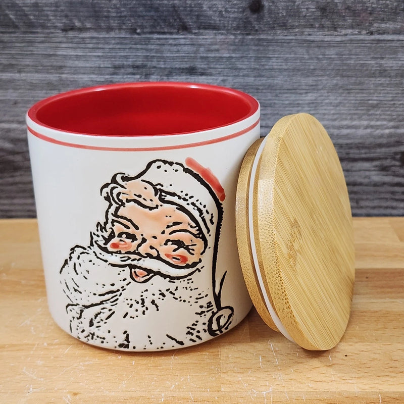 Load image into Gallery viewer, Santa Christmas Canister &amp; Bamboo Lid Embossed 4" Ceramic Jar Blue Sky Red
