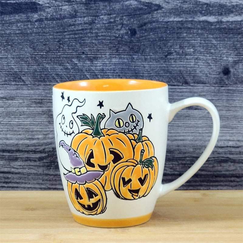 Load image into Gallery viewer, Whimsical Jack-O-Lantern Halloween Coffee Mug Orange Ghost Cup Ceramic Blue Sky
