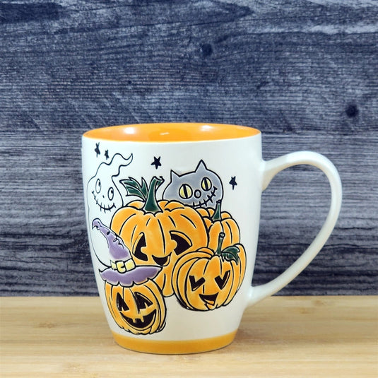 Whimsical Jack-O-Lantern Halloween Coffee Mug Orange Ghost Cup Ceramic Blue Sky