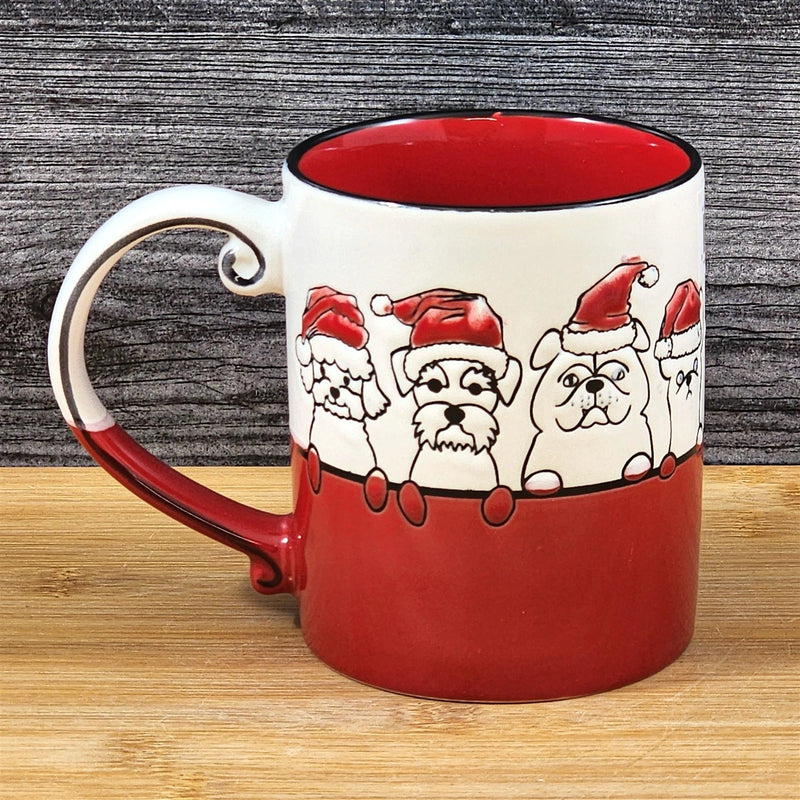 Load image into Gallery viewer, Holiday Dogs in Santa Hats Ceramic Mug Red by Blue Sky Ceramic Embossed Cup 16oz
