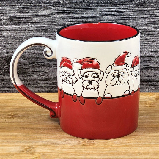 Holiday Dogs in Santa Hats Ceramic Mug Red by Blue Sky Ceramic Embossed Cup 16oz