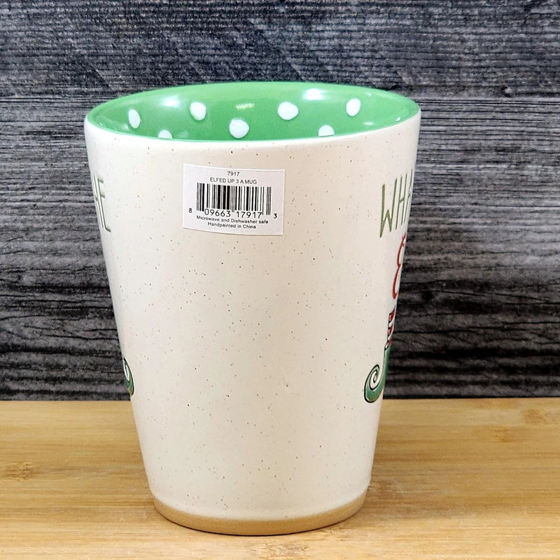 Load image into Gallery viewer, Holiday Elf Saying Coffee Mug Ceramic Green Christmas Embossed Cup Blue Sky 18oz
