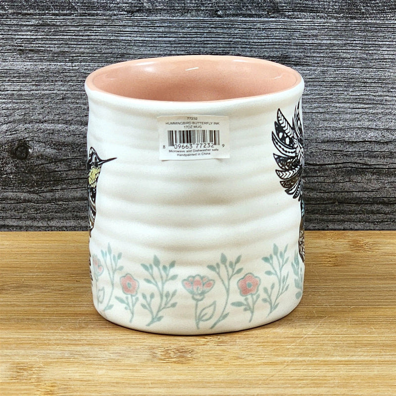Load image into Gallery viewer, Hummingbird Coffee Mug Floral Embossed Pink Ceramic Tea Cup Blue Sky 17oz
