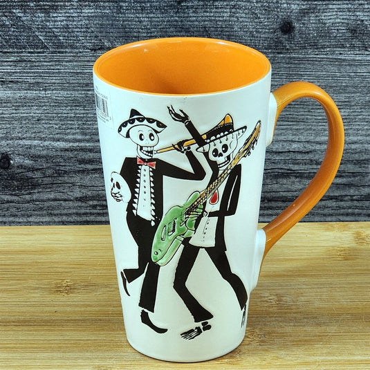 Coffee Mug Day of the Dead Skeleton Guitar Band Cup Orange Ceramic Blue Sky 17oz