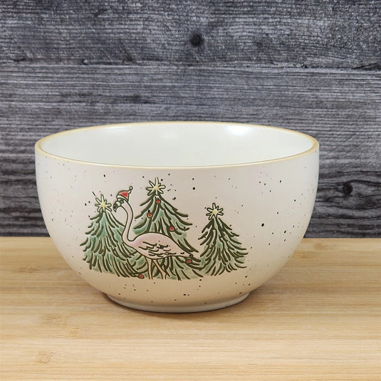 Flamingo Christmas Tree Bowl Server Soup Cereal 6 inch Ceramic Dish Blue Sky