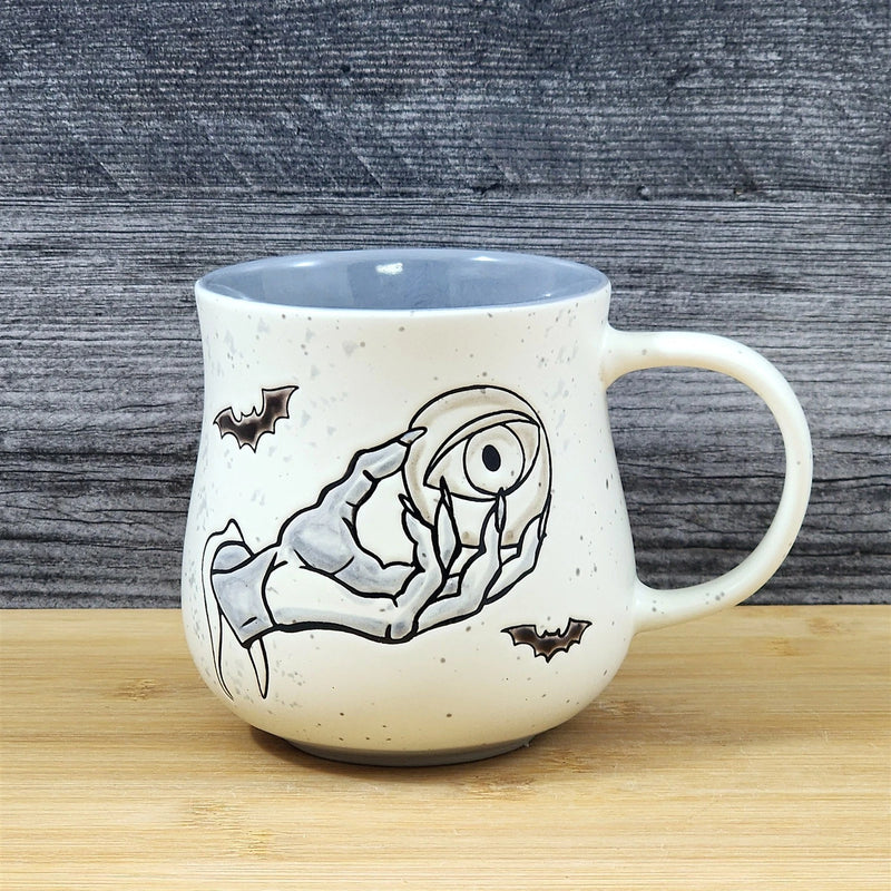 Load image into Gallery viewer, Gothic Skeleton Hand Eye Coffee Mug Halloween Bat Ceramic Tea Cup Blue Sky 18oz
