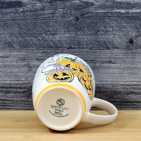 Whimsical Jack-O-Lantern Halloween Coffee Mug Orange Ghost Cup Ceramic Blue Sky