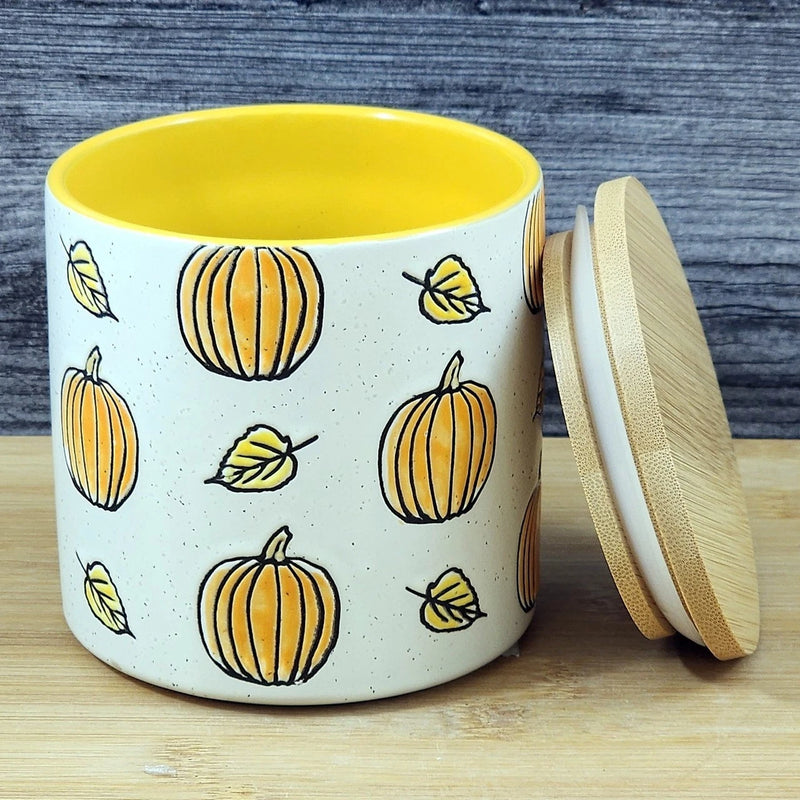 Load image into Gallery viewer, Fall Pumpkin Canister &amp; Bamboo Lid Embossed 4" Ceramic Yellow Jar Blue Sky
