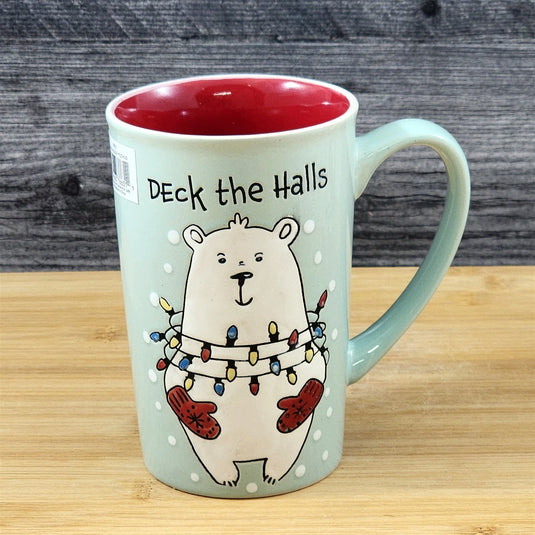 Coffee Mug Polar Bear Christmas Holiday Green Embossed Cup Ceramic Blue Sky 17oz