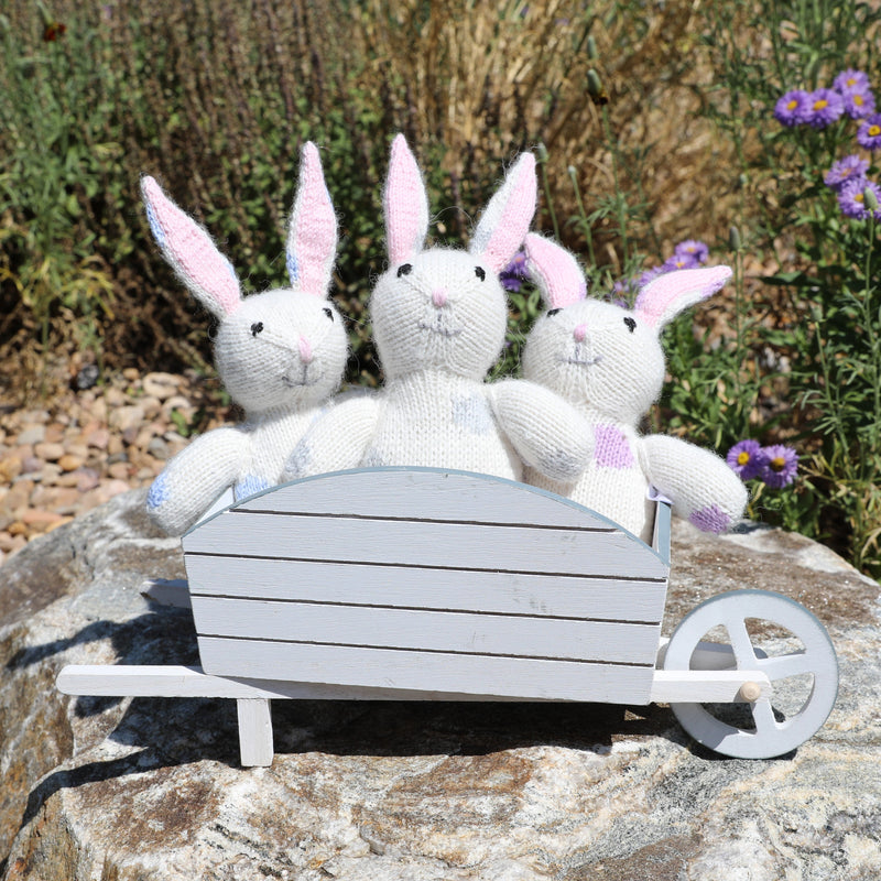 Load image into Gallery viewer, Easter Bunnies with Pastel Polka-dotted Spring Decor Set of 3 Handmade Knitted in Lima
