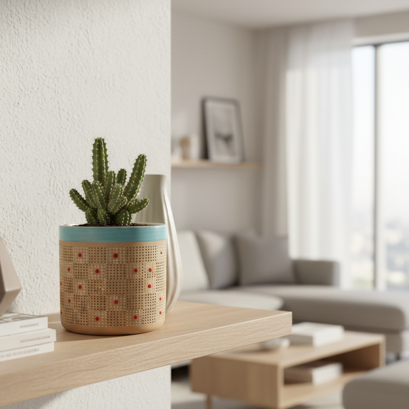 Load image into Gallery viewer, Majestic Repeat Brown White Red Dots Flower Planter 6" Canister By Blue SKy
