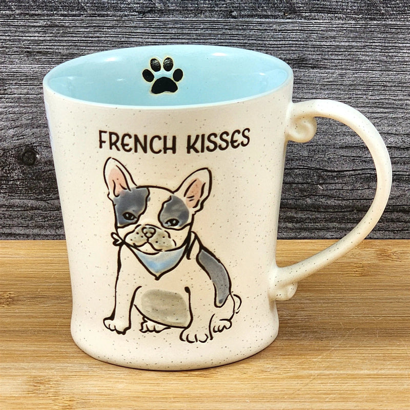 Load image into Gallery viewer, French Bulldog Coffee Cup Kisses Dog Mug Blue Sky Ceramic Embossed 17 oz
