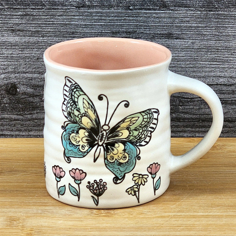 Load image into Gallery viewer, Butterfly Coffee Mug Floral Monarch Embossed Pink Ceramic Tea Cup Blue Sky 17oz
