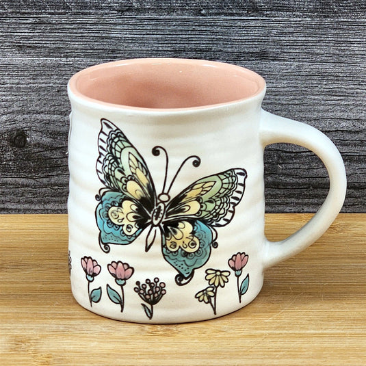 Butterfly Coffee Mug Floral Monarch Embossed Pink Ceramic Tea Cup Blue Sky 17oz