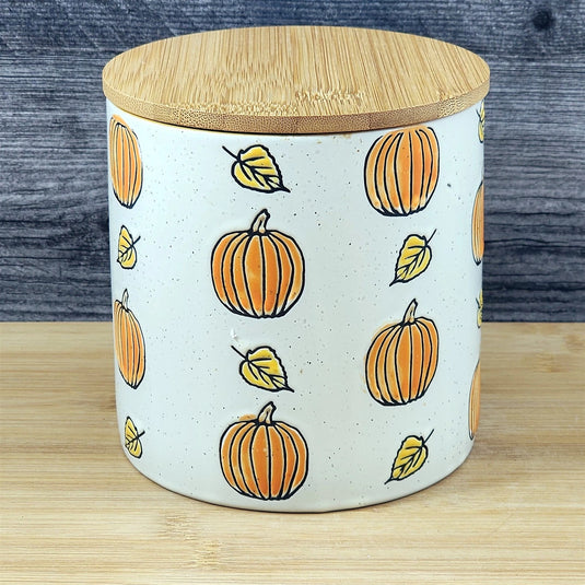 Fall Pumpkin Canister & Bamboo Lid Embossed 5" Ceramic Yellow Jar Blue Sky