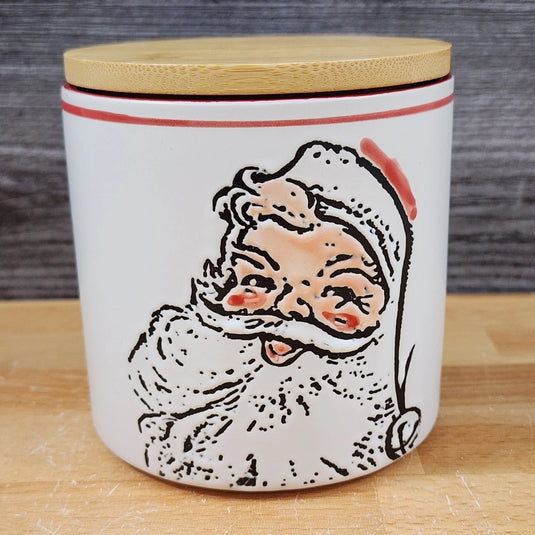Santa Christmas Canister & Bamboo Lid Embossed 4" Ceramic Jar Blue Sky Red