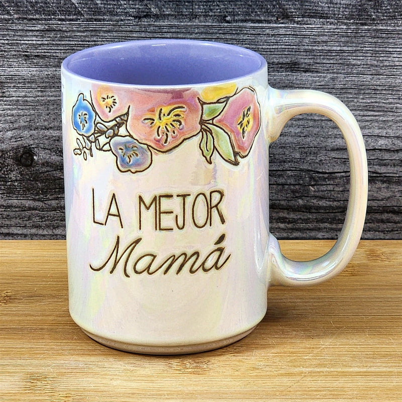 Load image into Gallery viewer, Spanish Coffee Mug La Mejor Mama "Best Mom" Cup Floral Blue Sky Ceramic 18oz
