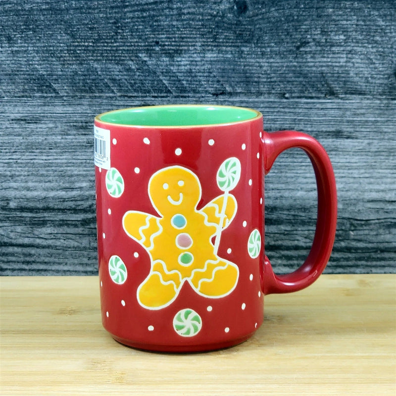 Load image into Gallery viewer, Christmas Coffee Mug Gingerbread Blue Sky Ceramic Holiday Cup Red Green 18oz
