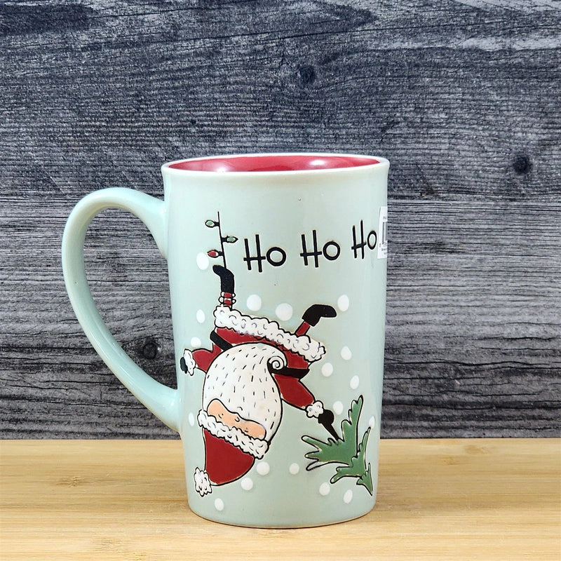 Load image into Gallery viewer, Santa Coffee Mug Christmas Holiday Green Embossed Tea Cup Ceramic Blue Sky 17oz

