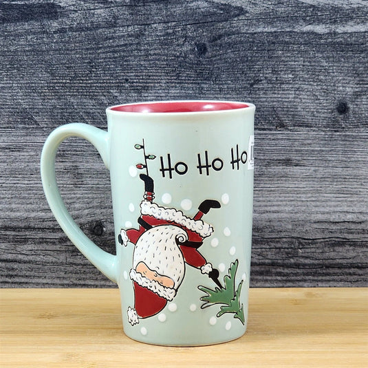 Santa Coffee Mug Christmas Holiday Green Embossed Tea Cup Ceramic Blue Sky 17oz