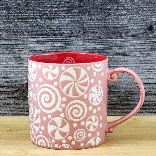 Holiday Coffee Mug Pink Peppermint Candy Christmas Ceramic Cup Red 18oz Blue Sky