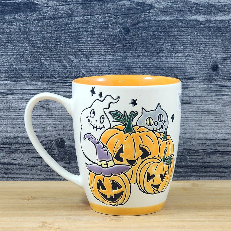 Load image into Gallery viewer, Whimsical Jack-O-Lantern Halloween Coffee Mug Orange Ghost Cup Ceramic Blue Sky
