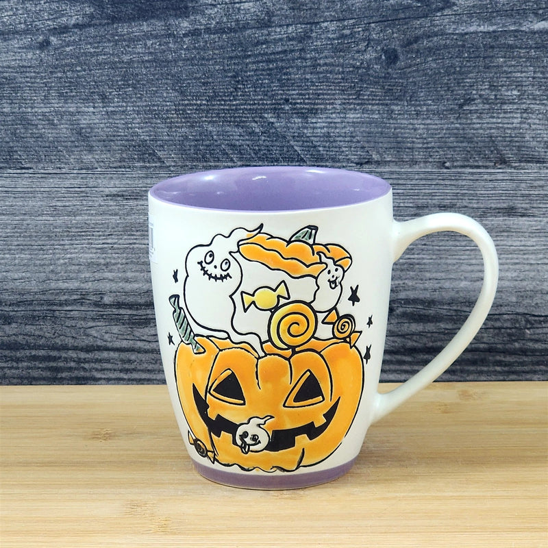 Load image into Gallery viewer, Halloween Coffee Mug Jack-O-Lantern Whimsical Purple Tea Cup Ceramic Blue Sky 18
