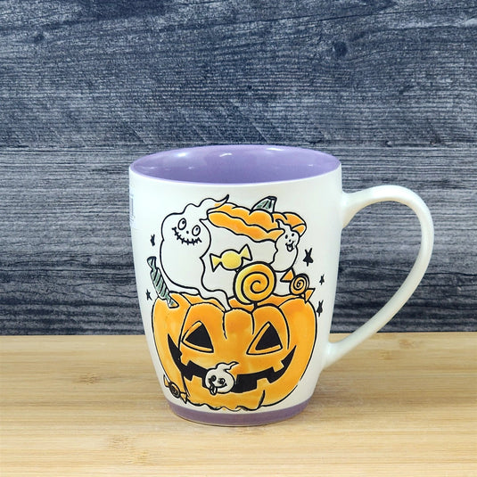 Halloween Coffee Mug Jack-O-Lantern Whimsical Purple Tea Cup Ceramic Blue Sky 18