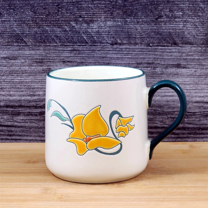 Load image into Gallery viewer, Daffodil Coffee Mug Ceramic Yellow White Floral Embossed 18 oz Tea Cup Blue Sky
