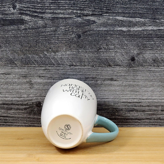 Namast'ay Home With My Cat Coffee Mug Embossed White Ceramic Tea Cup Blue Sky