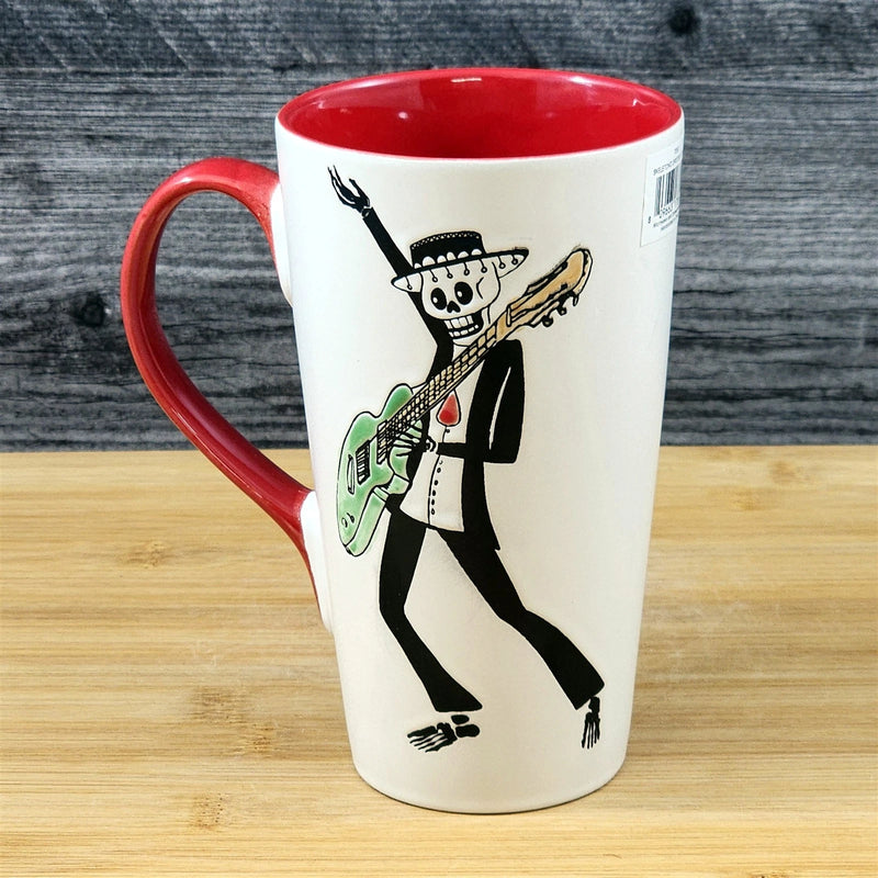 Load image into Gallery viewer, Coffee Mug Day of the Dead Skeleton Guitar Tea Cup Red Ceramic Blue Sky 17oz
