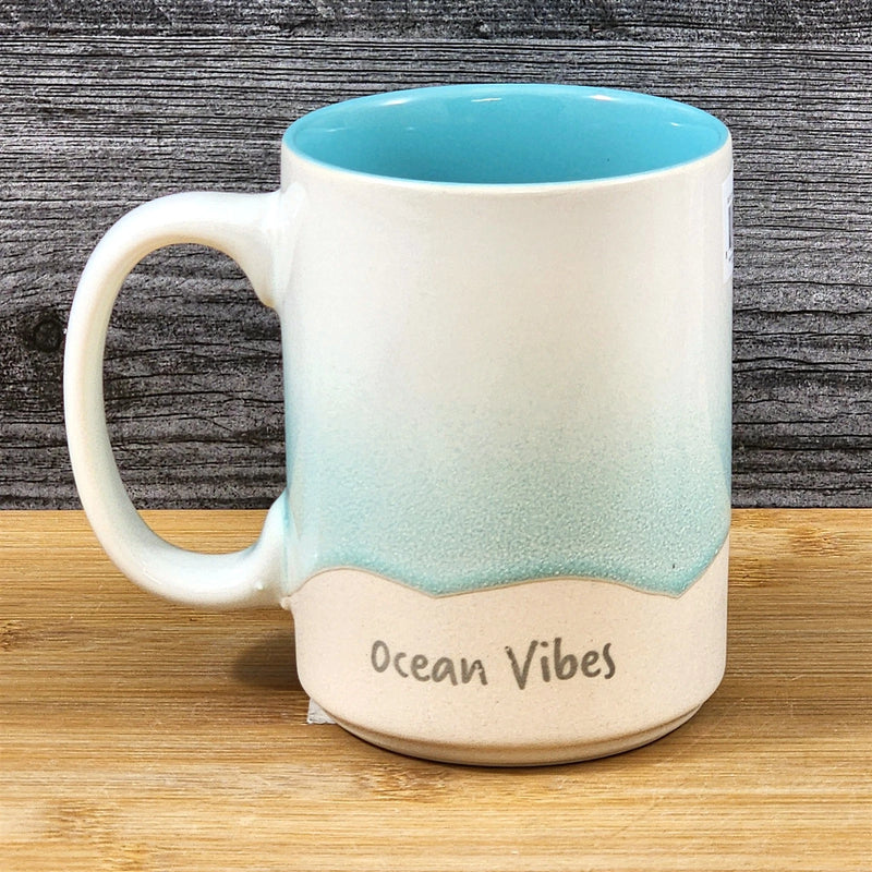 Load image into Gallery viewer, Beach Seafoam Coffee Mug Ocean Coastal Tea Cup Embossed Ceramic Blue Sky 18oz
