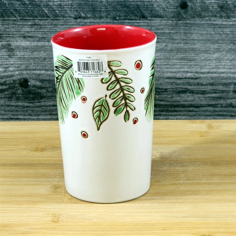 Load image into Gallery viewer, Coffee Mug Christmas Pine Berry Holiday Red Embossed Cup Ceramic Blue Sky 17oz
