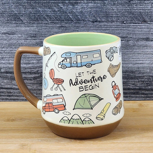 Camping Lover Coffee Mug Camper Tent Embossed Tea Cup Ceramic Blue Sky 18oz