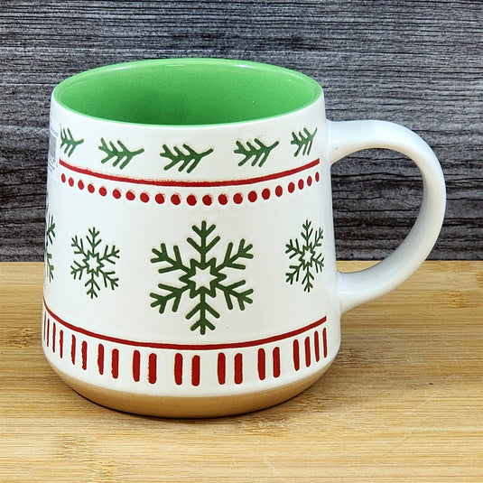 Christmas Winter Snow Flakes Coffee Mug Ceramic Holiday Cup Green Blue Sky 18oz