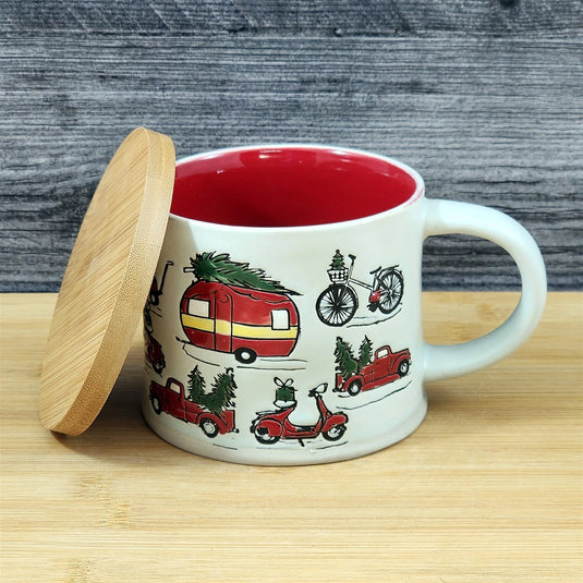 Holiday Coffee Mug with Lid Embossed Christmas Cup Ceramic Red by Blue Sky 17oz