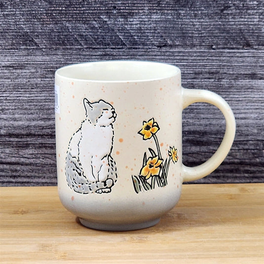 Cat Lover Coffee Mug Whimsical Floral Embossed Ceramic Tea Cup Blue Sky 17oz