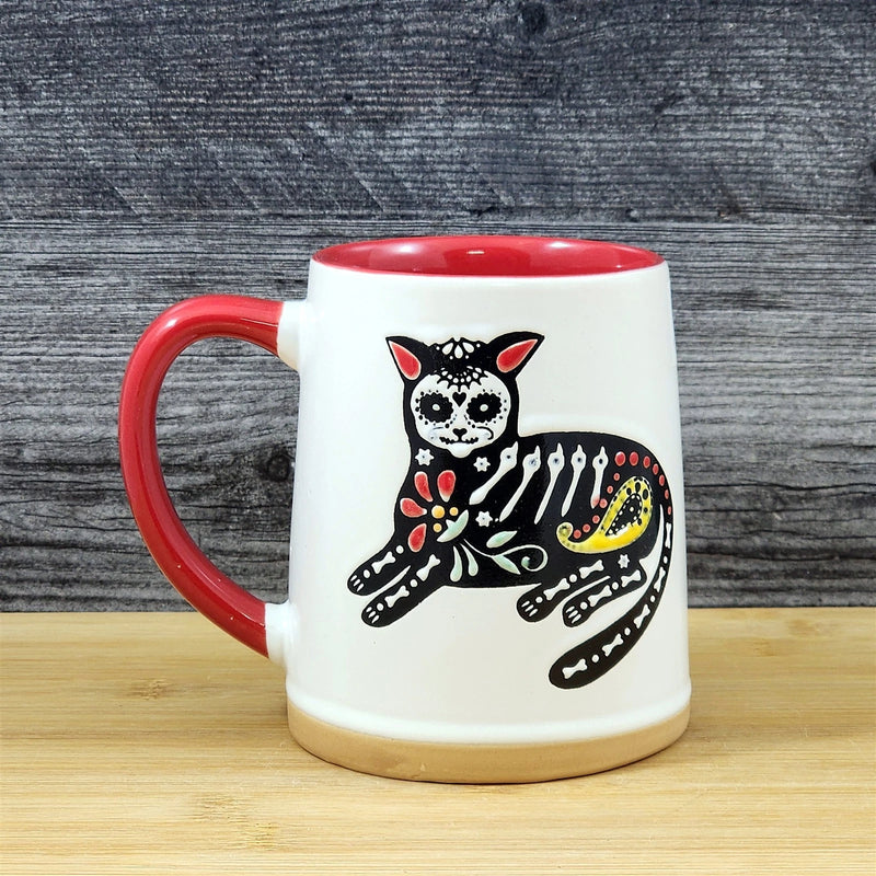Load image into Gallery viewer, Halloween Day of the Dead Whimsical Cat Coffee Mug Red Ceramic Cup Blue Sky
