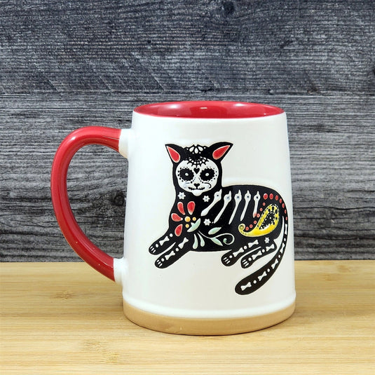 Halloween Day of the Dead Whimsical Cat Coffee Mug Red Ceramic Cup Blue Sky