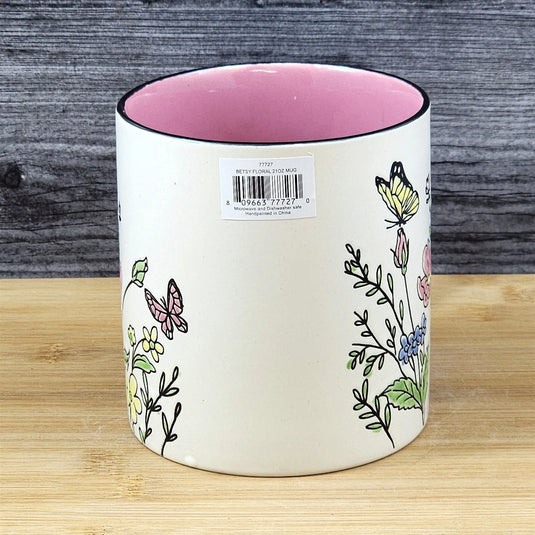 Floral Coffee Mug Summer Butterfly's Pink Flowers 21oz Cup Embossed Blue Sky
