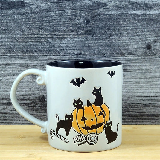 Halloween Coffee Mug Pumpkins Black Cats Ceramic Embossed Tea Cup Blue Sky 21oz