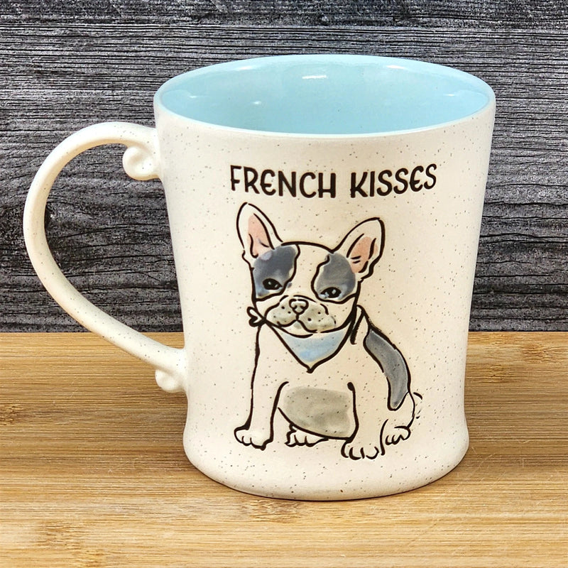 Load image into Gallery viewer, French Bulldog Coffee Cup Kisses Dog Mug Blue Sky Ceramic Embossed 17 oz
