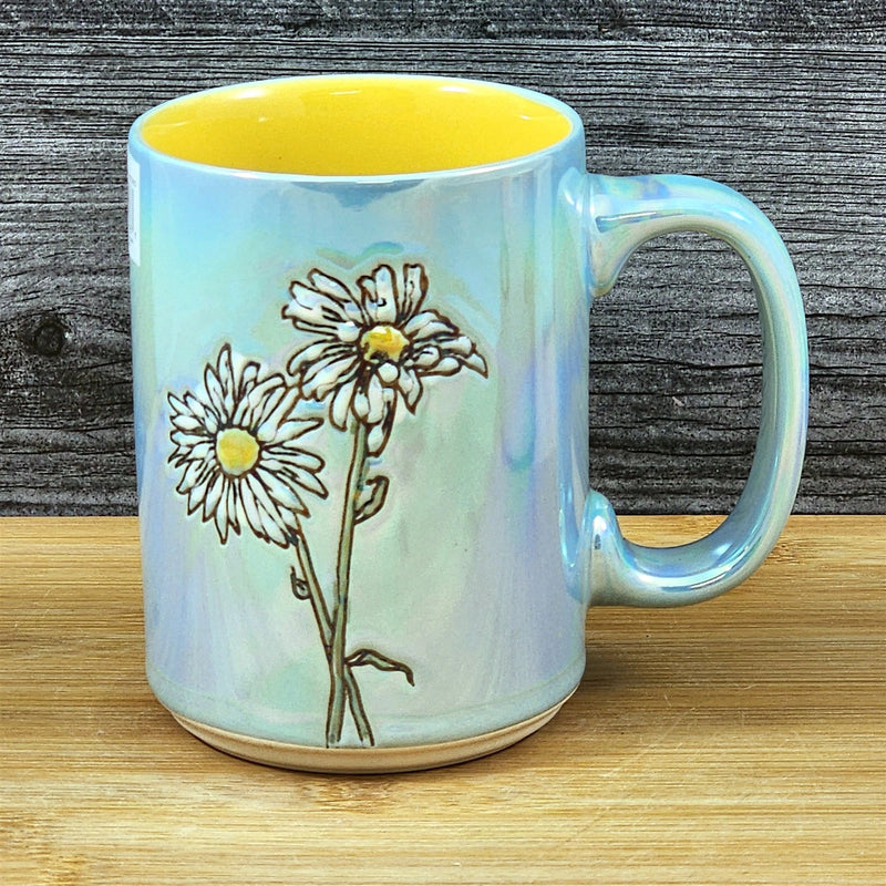 Load image into Gallery viewer, Daisy Flowers Summer Coffee Mug Yellow Tea Cup Ceramic Embossed Blue Sky 18oz
